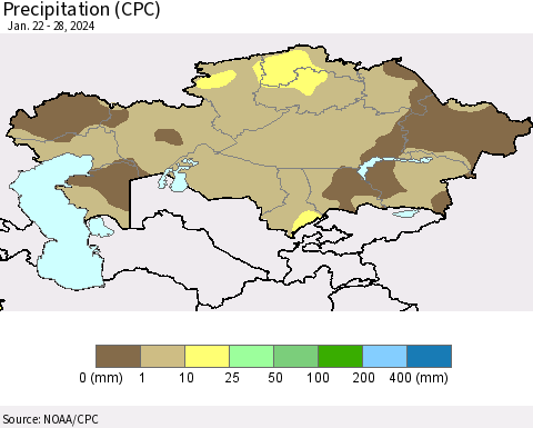 Kazakhstan Precipitation (CPC) Thematic Map For 1/22/2024 - 1/28/2024