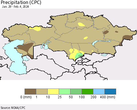 Kazakhstan Precipitation (CPC) Thematic Map For 1/29/2024 - 2/4/2024