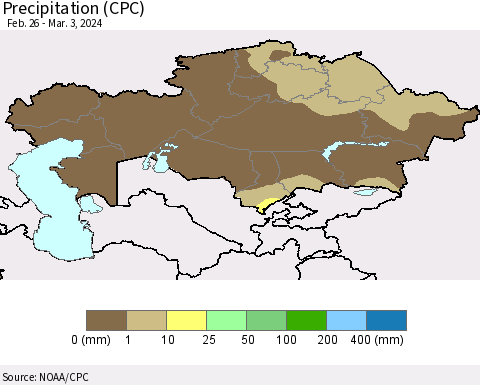 Kazakhstan Precipitation (CPC) Thematic Map For 2/26/2024 - 3/3/2024