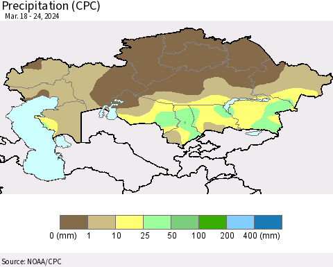 Kazakhstan Precipitation (CPC) Thematic Map For 3/18/2024 - 3/24/2024