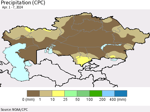 Kazakhstan Precipitation (CPC) Thematic Map For 4/1/2024 - 4/7/2024