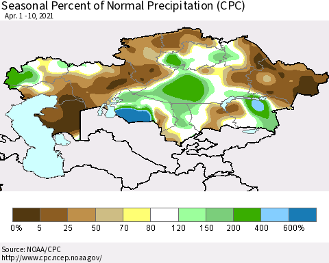 Kazakhstan Seasonal Percent of Normal Precipitation (CPC) Thematic Map For 4/1/2021 - 4/10/2021