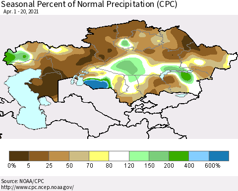 Kazakhstan Seasonal Percent of Normal Precipitation (CPC) Thematic Map For 4/1/2021 - 4/20/2021