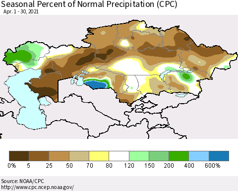 Kazakhstan Seasonal Percent of Normal Precipitation (CPC) Thematic Map For 4/1/2021 - 4/30/2021