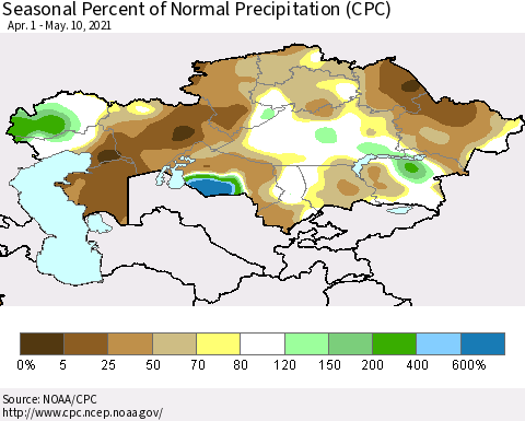Kazakhstan Seasonal Percent of Normal Precipitation (CPC) Thematic Map For 4/1/2021 - 5/10/2021