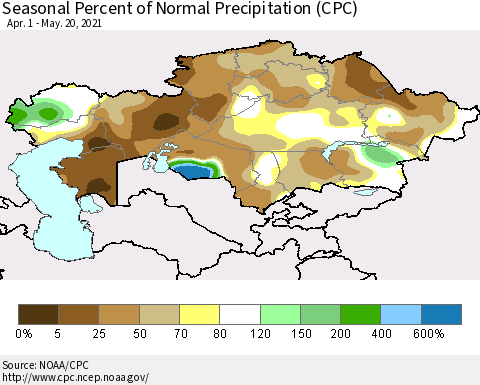 Kazakhstan Seasonal Percent of Normal Precipitation (CPC) Thematic Map For 4/1/2021 - 5/20/2021
