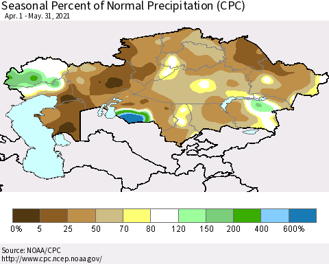 Kazakhstan Seasonal Percent of Normal Precipitation (CPC) Thematic Map For 4/1/2021 - 5/31/2021