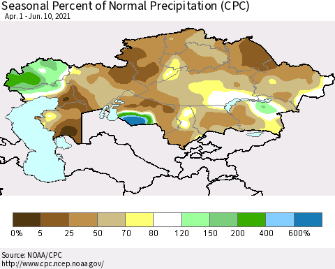 Kazakhstan Seasonal Percent of Normal Precipitation (CPC) Thematic Map For 4/1/2021 - 6/10/2021