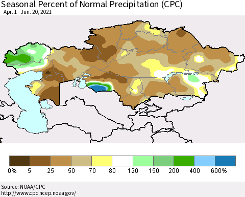 Kazakhstan Seasonal Percent of Normal Precipitation (CPC) Thematic Map For 4/1/2021 - 6/20/2021