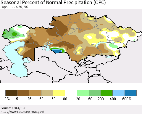 Kazakhstan Seasonal Percent of Normal Precipitation (CPC) Thematic Map For 4/1/2021 - 6/30/2021