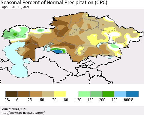 Kazakhstan Seasonal Percent of Normal Precipitation (CPC) Thematic Map For 4/1/2021 - 7/10/2021