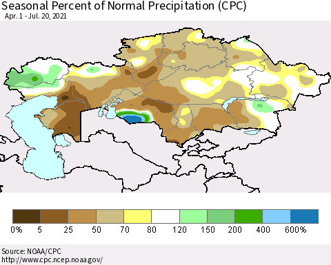 Kazakhstan Seasonal Percent of Normal Precipitation (CPC) Thematic Map For 4/1/2021 - 7/20/2021