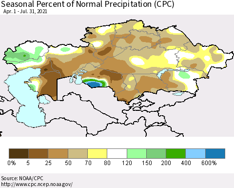 Kazakhstan Seasonal Percent of Normal Precipitation (CPC) Thematic Map For 4/1/2021 - 7/31/2021