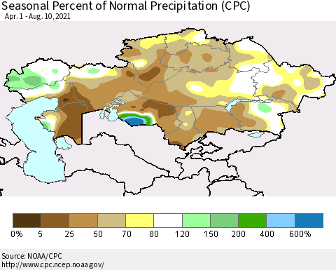 Kazakhstan Seasonal Percent of Normal Precipitation (CPC) Thematic Map For 4/1/2021 - 8/10/2021