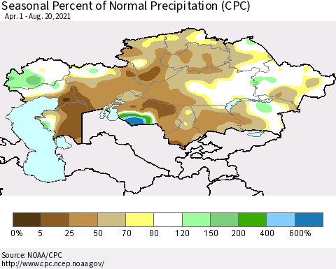 Kazakhstan Seasonal Percent of Normal Precipitation (CPC) Thematic Map For 4/1/2021 - 8/20/2021