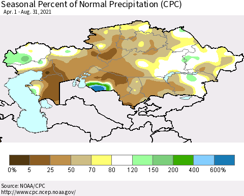 Kazakhstan Seasonal Percent of Normal Precipitation (CPC) Thematic Map For 4/1/2021 - 8/31/2021