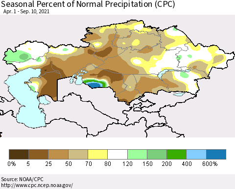 Kazakhstan Seasonal Percent of Normal Precipitation (CPC) Thematic Map For 4/1/2021 - 9/10/2021