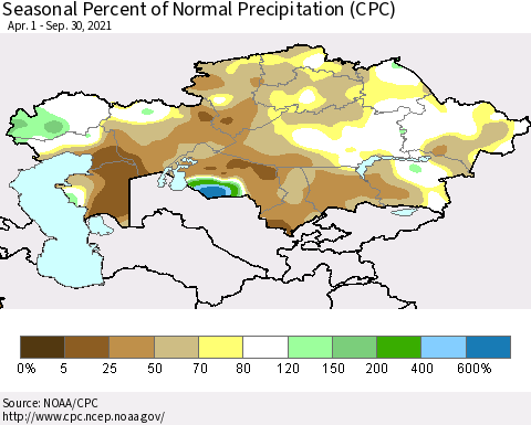 Kazakhstan Seasonal Percent of Normal Precipitation (CPC) Thematic Map For 4/1/2021 - 9/30/2021