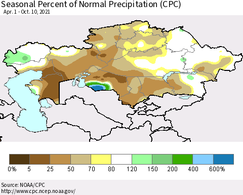 Kazakhstan Seasonal Percent of Normal Precipitation (CPC) Thematic Map For 4/1/2021 - 10/10/2021