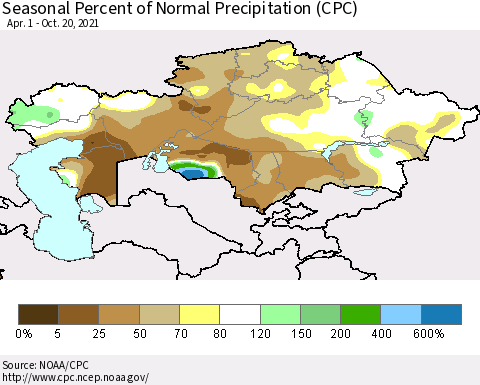Kazakhstan Seasonal Percent of Normal Precipitation (CPC) Thematic Map For 4/1/2021 - 10/20/2021