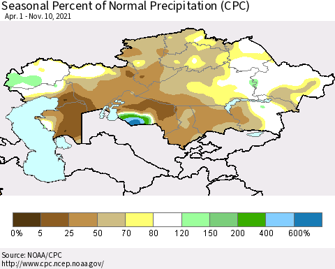 Kazakhstan Seasonal Percent of Normal Precipitation (CPC) Thematic Map For 4/1/2021 - 11/10/2021