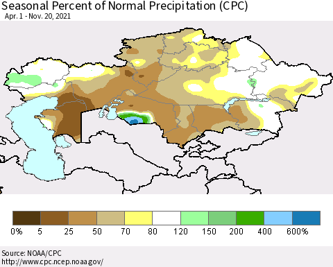 Kazakhstan Seasonal Percent of Normal Precipitation (CPC) Thematic Map For 4/1/2021 - 11/20/2021