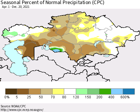 Kazakhstan Seasonal Percent of Normal Precipitation (CPC) Thematic Map For 4/1/2021 - 12/20/2021