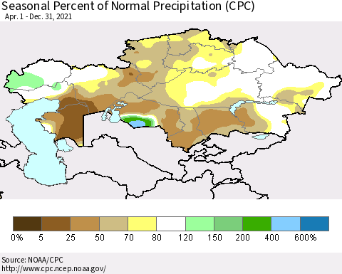 Kazakhstan Seasonal Percent of Normal Precipitation (CPC) Thematic Map For 4/1/2021 - 12/31/2021