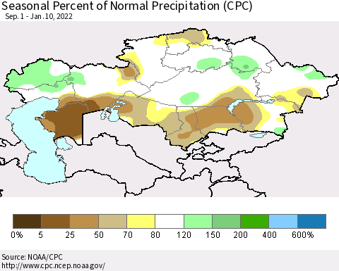 Kazakhstan Seasonal Percent of Normal Precipitation (CPC) Thematic Map For 9/1/2021 - 1/10/2022