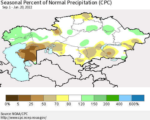 Kazakhstan Seasonal Percent of Normal Precipitation (CPC) Thematic Map For 9/1/2021 - 1/20/2022