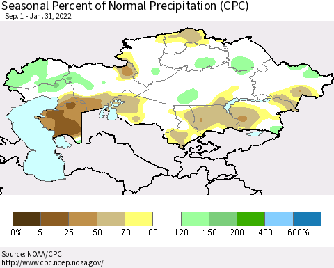 Kazakhstan Seasonal Percent of Normal Precipitation (CPC) Thematic Map For 9/1/2021 - 1/31/2022