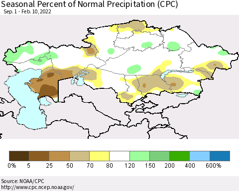 Kazakhstan Seasonal Percent of Normal Precipitation (CPC) Thematic Map For 9/1/2021 - 2/10/2022
