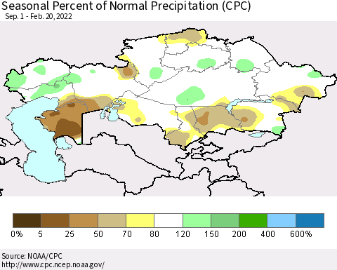 Kazakhstan Seasonal Percent of Normal Precipitation (CPC) Thematic Map For 9/1/2021 - 2/20/2022