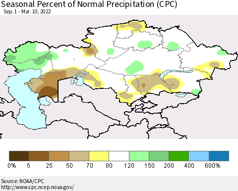 Kazakhstan Seasonal Percent of Normal Precipitation (CPC) Thematic Map For 9/1/2021 - 3/10/2022