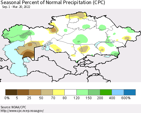 Kazakhstan Seasonal Percent of Normal Precipitation (CPC) Thematic Map For 9/1/2021 - 3/20/2022