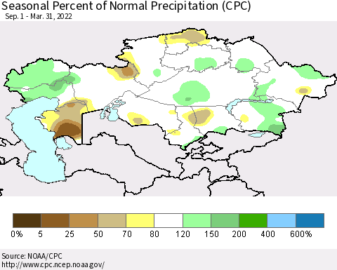 Kazakhstan Seasonal Percent of Normal Precipitation (CPC) Thematic Map For 9/1/2021 - 3/31/2022