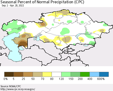 Kazakhstan Seasonal Percent of Normal Precipitation (CPC) Thematic Map For 9/1/2021 - 4/20/2022