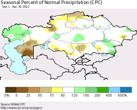 Kazakhstan Seasonal Percent of Normal Precipitation (CPC) Thematic Map For 9/1/2021 - 4/30/2022