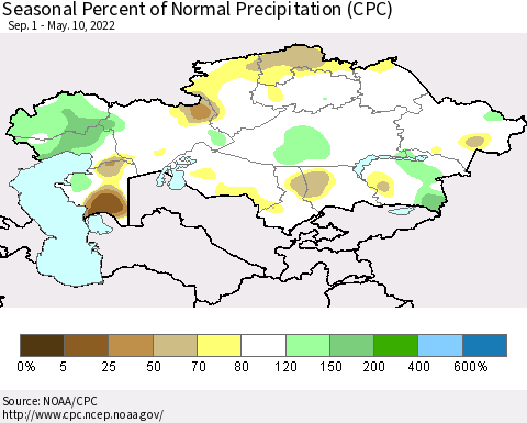 Kazakhstan Seasonal Percent of Normal Precipitation (CPC) Thematic Map For 9/1/2021 - 5/10/2022