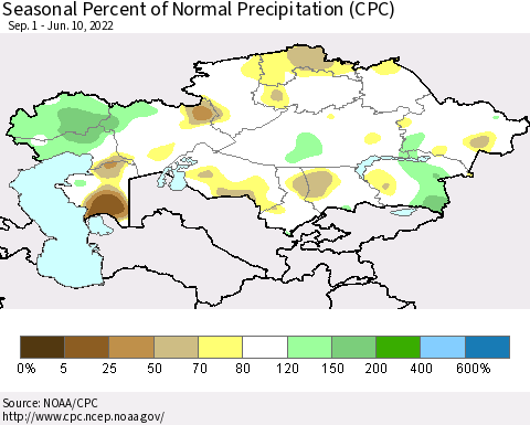 Kazakhstan Seasonal Percent of Normal Precipitation (CPC) Thematic Map For 9/1/2021 - 6/10/2022