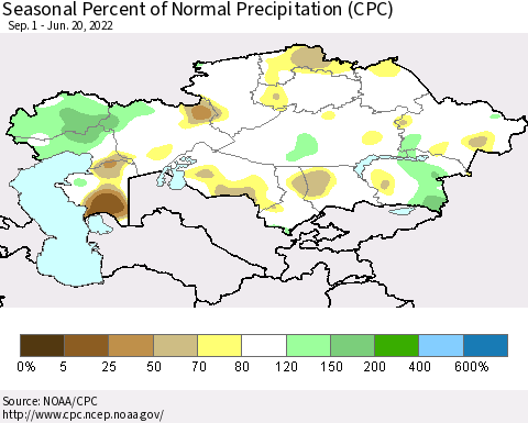 Kazakhstan Seasonal Percent of Normal Precipitation (CPC) Thematic Map For 9/1/2021 - 6/20/2022
