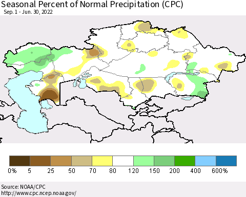 Kazakhstan Seasonal Percent of Normal Precipitation (CPC) Thematic Map For 9/1/2021 - 6/30/2022