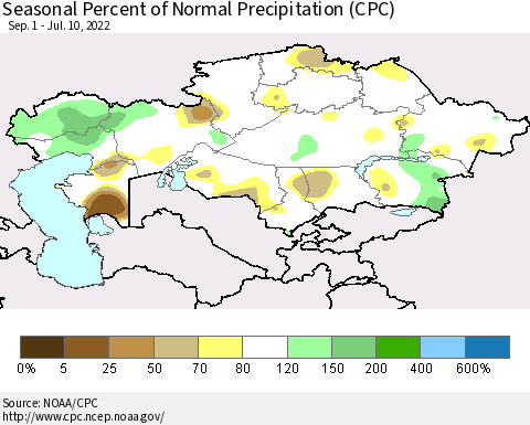 Kazakhstan Seasonal Percent of Normal Precipitation (CPC) Thematic Map For 9/1/2021 - 7/10/2022