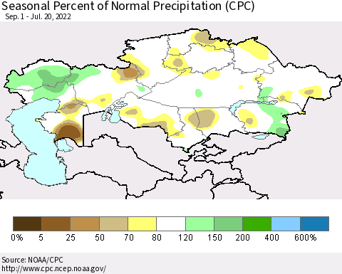 Kazakhstan Seasonal Percent of Normal Precipitation (CPC) Thematic Map For 9/1/2021 - 7/20/2022