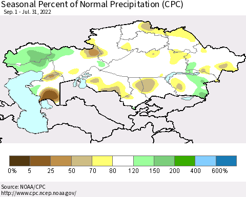 Kazakhstan Seasonal Percent of Normal Precipitation (CPC) Thematic Map For 9/1/2021 - 7/31/2022