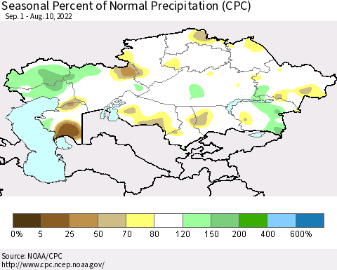 Kazakhstan Seasonal Percent of Normal Precipitation (CPC) Thematic Map For 9/1/2021 - 8/10/2022