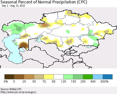 Kazakhstan Seasonal Percent of Normal Precipitation (CPC) Thematic Map For 9/1/2021 - 8/31/2022