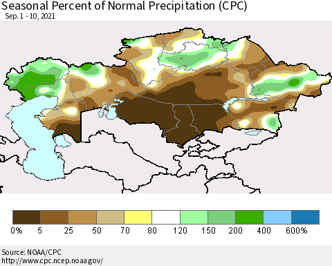 Kazakhstan Seasonal Percent of Normal Precipitation (CPC) Thematic Map For 9/1/2021 - 9/10/2021