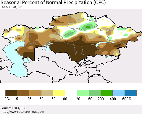 Kazakhstan Seasonal Percent of Normal Precipitation (CPC) Thematic Map For 9/1/2021 - 9/20/2021