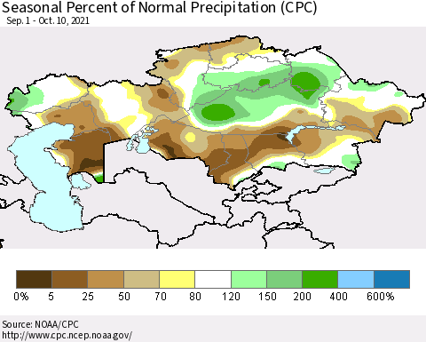 Kazakhstan Seasonal Percent of Normal Precipitation (CPC) Thematic Map For 9/1/2021 - 10/10/2021
